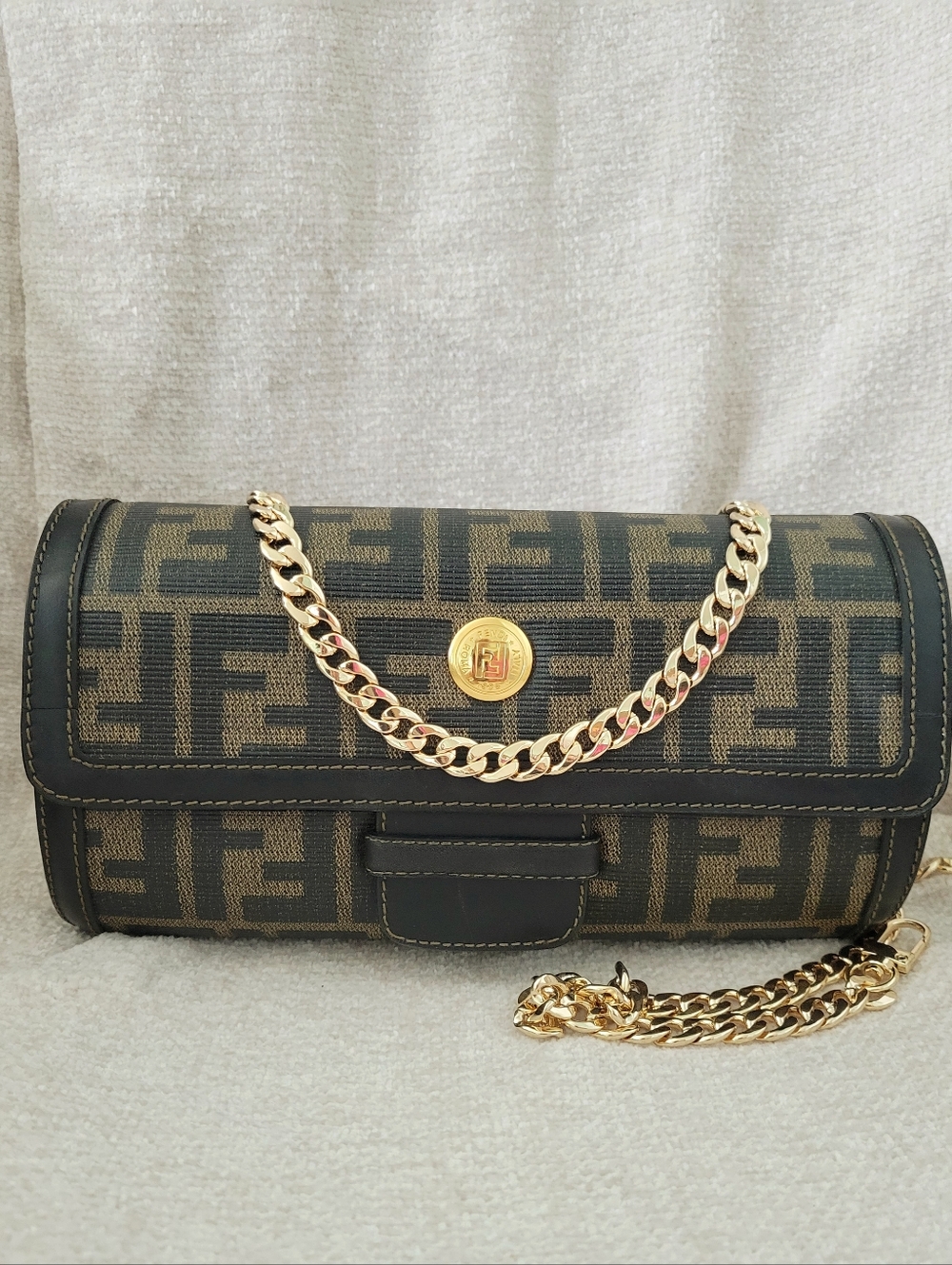 Fendi FF Zucca Black & Brown  Mama Baguette Crossbody Clutch Bag